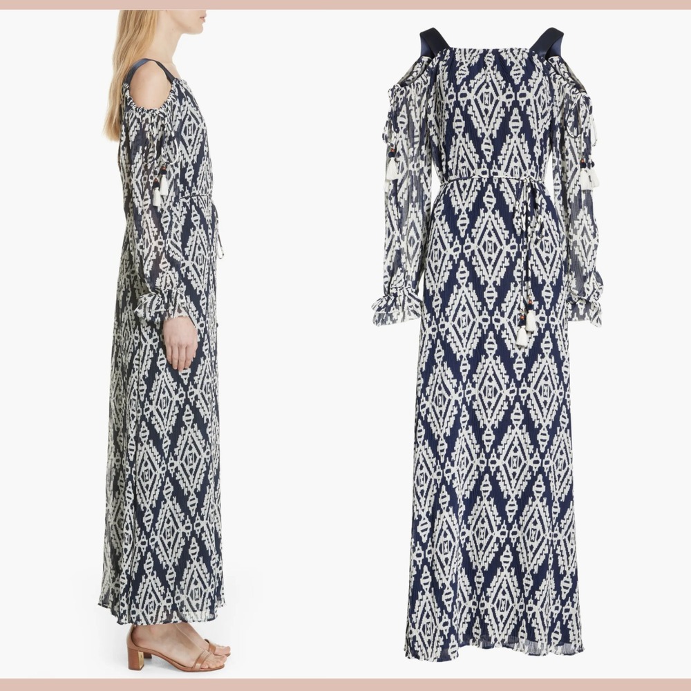 NEW $598 TORY BURCH [ XL ] Katherine Cold Shoulder Pleat Wrap Dress Navy J2198 - Picture 2 of 15